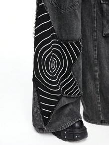 ROMWE Grunge Punk Women Loose Cargo Boy Friend Jeans With Distressed Star Patch, Punk Apocalyptic Style