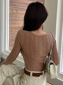 DAZY 女式修身长袖麻花针织刺绣毛衣秋季 - 卡其色 - 查看 8