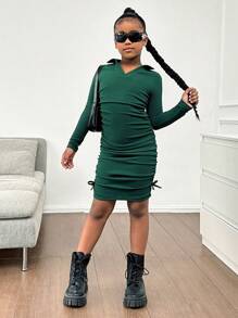 SHEIN 女童罗纹 V 领衬衫领合身褶饰蝴蝶结长袖休闲连衣裙，秋冬