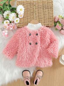 SHEIN Toddler Girls' Plush Solid Color Crew Neck Jacket For Outdoor Wear, Fall/Winter - Pink - View 1