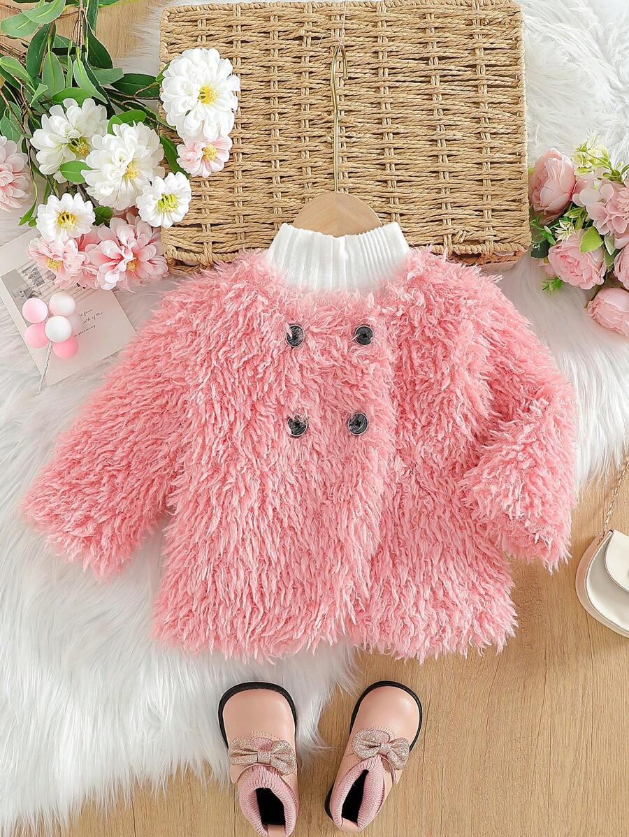 SHEIN Toddler Girls' Plush Solid Color Crew Neck Jacket For Outdoor Wear, Fall/Winter - Pink - View 1