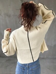 FRIFUL Áo khoác cardigan dáng rộng cổ cao, khóa kéo phía trước, đơn sắc, thời trang thu/đông, tay dài, quần áo nữ mùa thu - Màu be - Xem 4