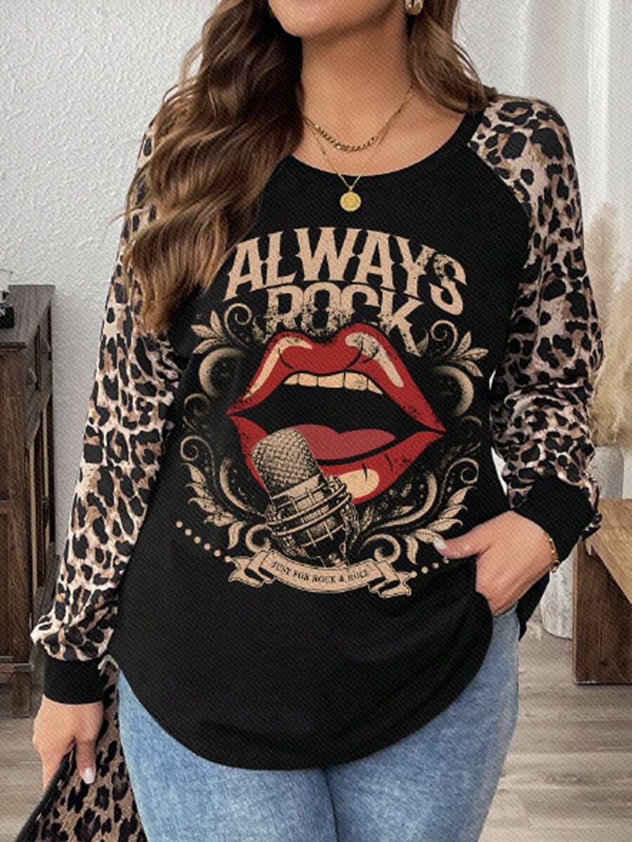 SHEIN LUNE Plus Size Women Raglan Sleeve Round Neck Loose T-Shirt, Suitable For Autumn And Winter - Black - View 1