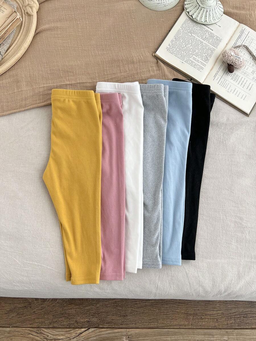SHEIN 6pcs Young Girls Cute Knitted Elastic Waistband Solid Color Pants, Suitable For Spring, Autumn And Winter,Tops And Pants Sold Separately. Fall - Multicolor - View 1