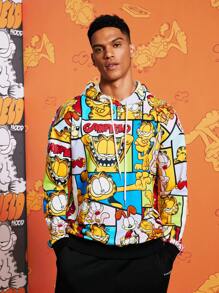 GARFIELD | SHEIN Men Letter & Cartoon Patchwork Print Drawstring Loose Drop Shoulder Hoodie, Casual Style For Spring & Autumn - Beige - View 1