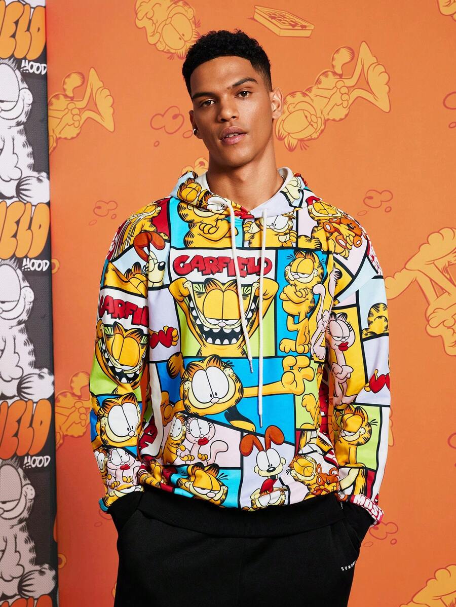 GARFIELD | SHEIN Men Letter & Cartoon Patchwork Print Drawstring Loose Drop Shoulder Hoodie, Casual Style For Spring & Autumn - Beige - View 1
