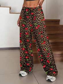 SHEIN EZwear 大码休闲直筒裤，全身蝴蝶结和条纹印花，春秋季 - 白色 - 查看 2