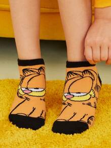 GARFIELD X SHEIN 2 Pairs Cute Colorblock Cartoon Pattern Kids Short Cotton Socks