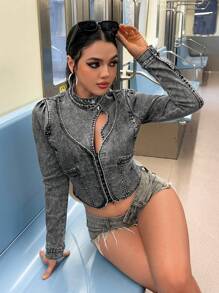 SHEIN EZwear Women Front Button Closure Solid Color Hollow Out Fitted Long Sleeve Denim Jacket