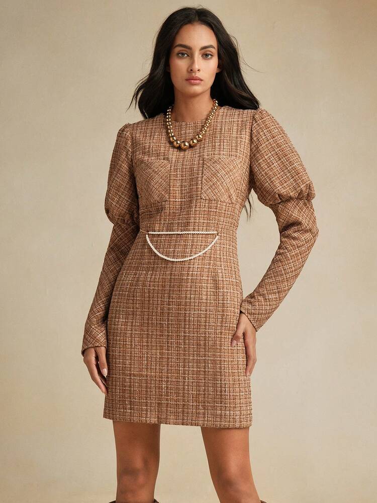 Women's Retro Faux Pearl Embellished Gigot Sleeve Tweed Dress, Autumn