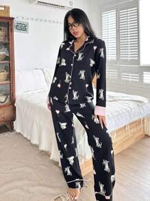 SweetSlumber Conjunto de pijama de verano de top y pantalones con estampado de gato y ribete en bloque de color, cómodo y casual para mujeres