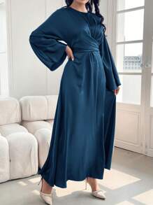 Modelyn Women's Solid Color Satin Finish Elegant Waist Cinched Dress,Elegant Evening Party Dress Long Evening Dresses