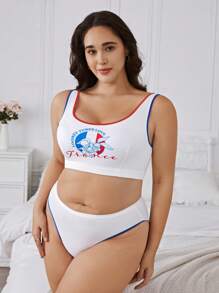 LOONEY TUNES X SHEIN Ensemble de soutien-gorge et culotte imprimé de dessin animé blanc et confortable grande taille