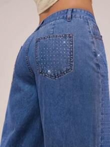 Forever 21 复古水洗散水钻细节直筒牛仔裤 春季服装 中腰牛仔裤 节日服装 夏季下装 水钻牛仔裤 - 中等水洗藍 - 查看 9