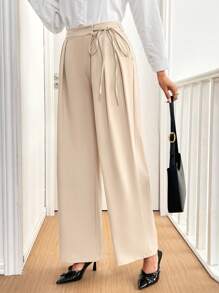 SHEIN Frenchy Women Simple Solid Color Elegant Tie-Front Fold Pleated Pocket Wide Leg Pants Winter Brown - Khaki - View 1