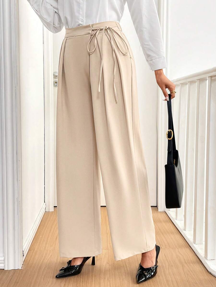 SHEIN Frenchy Women Simple Solid Color Elegant Tie-Front Fold Pleated Pocket Wide Leg Pants Winter Brown - Khaki - View 1