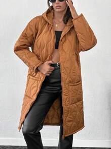 SHEIN Tall Women Quilted Camel Winter Hooded Winter Coat - Camel - View 3