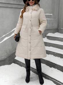 SHEIN LUNE 大码冬季服装休闲纯色抽绳腰部蓬松领连帽加厚棉服外套 - 駝色 - 查看 5