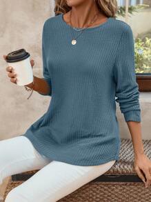 EMERY ROSE Women's Casual Solid Color Button Back Curved Hem T-Shirt Women Long Sleeve Tops Grey Tops For Women Gray Blouse Women Solid Color T Shirt Tops Women Women Women's Fall Clothes