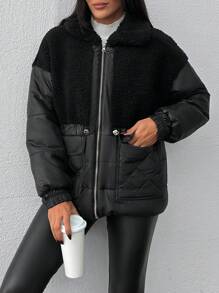 EURMUSE Teddy Fur Detailed, Draw String Waist Detailed Puffer Winter Coat - Black - View 3