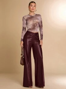SHEIN BAE Brown PU Leather Pants, Asymmetrical Waistline Wide Leg Pants, Elegant Women Palazzo Trousers For Casual Outing, Club Wear, Chocolate - Burgundy - View 5