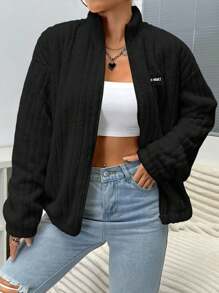 Flirla 休闲字母刺绣细节立领毛绒夹克，秋冬 - 黑色 - 查看 3