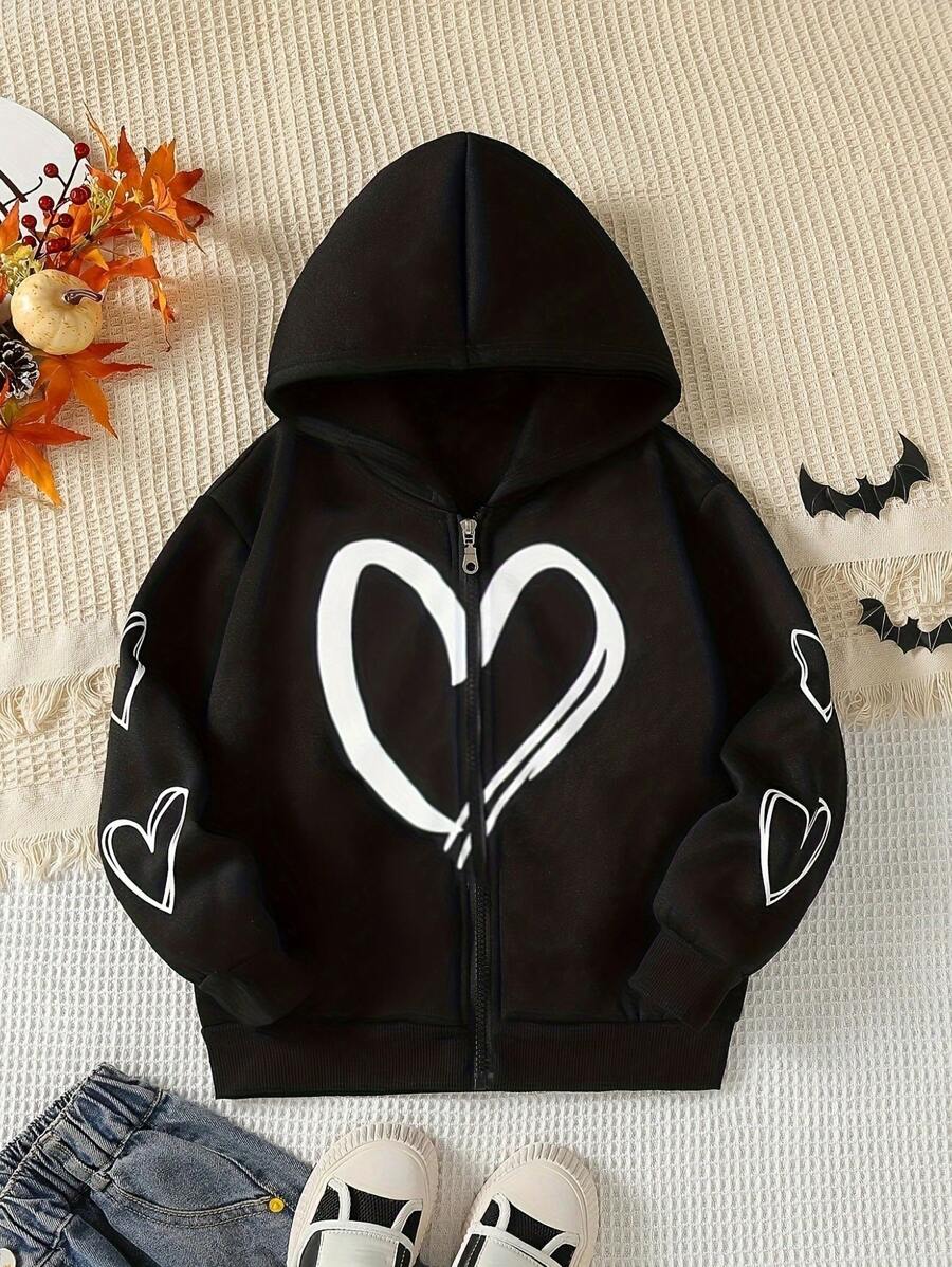 Áo nỉ đen in hình trái tim cho bé gái, có túi khóa kéo, dễ thương và năng động, thoải mái và giản dị, phù hợp cho mùa thu/đông. - màu đen - Xem 1