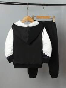 2 件套年轻男孩秋冬时尚服装：拉链连帽夹克，配色块设计、仿口袋和字母装饰，搭配带条纹饰边的保暖内衬运动裤，适合休闲、学校、活动、保暖 - 黑色 - 查看 2