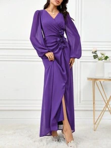 Modelyn 1 件装女士纯色 V 领交叉花卉印花长袖连衣裙长款晚礼服 - 紫色 - 查看 4