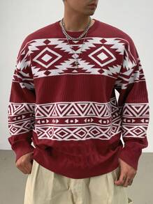 DAZY Christmas Geometric Pattern Casual Knit Sweater For Men, Autumn Christmas - Red - View 4