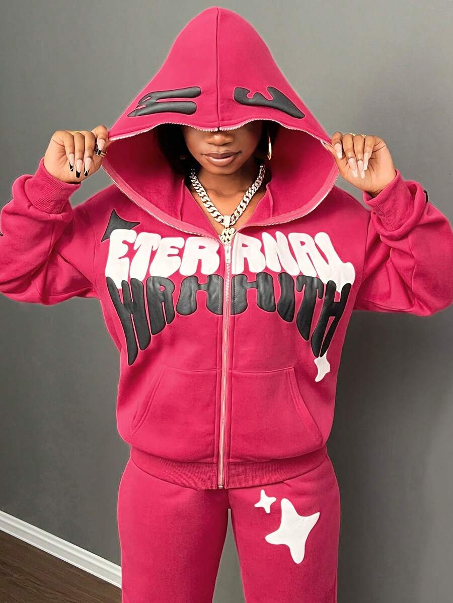 Slaydiva 秋冬新款休闲街头连帽拉链长袖露肩立体印花口号Logo星星卫衣打底裤长裤玫红色天鹅绒运动衫套装女卫衣 - 玫紅色 - 查看 1