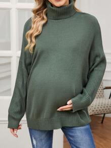 SHEIN Áo len chui đầu cổ tròn màu trơn cho bà bầu, dành cho mùa đông - màu xanh lá - Xem 5