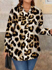 SHEIN LUNE Lässiges leopardengemustertes Große Größen-Damen-Langarmhemd mit Hemdkragen und Knopfleiste, geeignet für Herbst und Winter