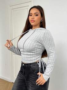 SHEIN EZwear Plus Size Women Gray Ribbed Drawstring Hooded Casual Long Sleeve T-Shirt, Autumn