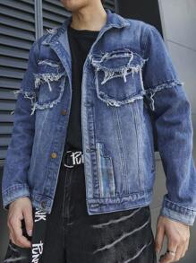 Manfinity Roghcode Men's Casual Distressed Denim Jacket For Autumn - Blue - View 6