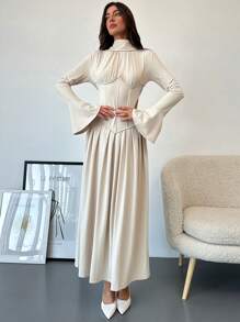 Aloruh Váy xòe tay chuông cổ cao xếp nếp cho nữ, thanh lịch - Màu be - Xem 2