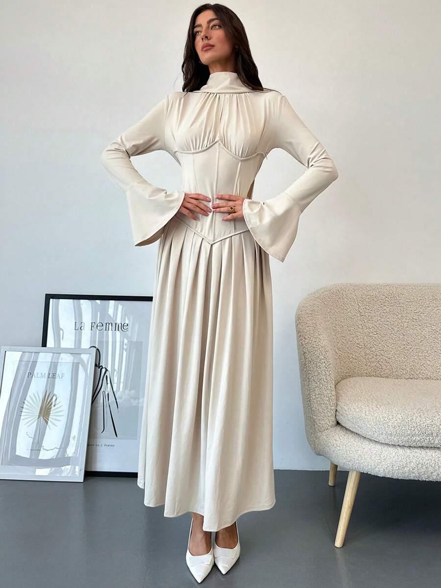 Aloruh Váy xòe tay chuông cổ cao xếp nếp cho nữ, thanh lịch