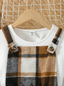 2 pezzi/set Outfit casual di moda per ragazze pre-adolescenti, composto da una maglietta a girocollo elasticizzata di colore unito + pantaloni salopette in pile a quadri - Bianco - Visualizzare 3