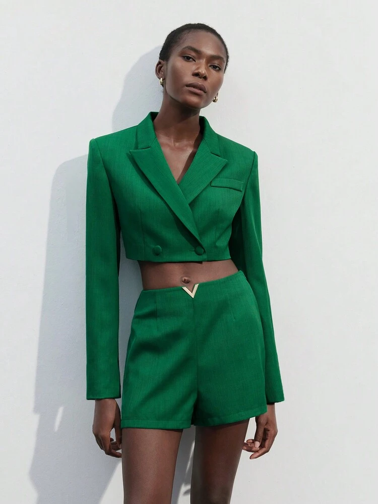 SHEIN Maija Women's Green Short Sleeve Casual Suit Jacket With Front Waistband And Fashion Metal Accessories, Shorts, Spring Commute Set, Holiday Party Wear