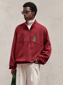 AKNOTIC Party Christmas Men's Knitted Loose Fit Crew Neck Christmas Tree Print Pullover Sweatshirt, Red With Metallic Zipper, Ribbed Cuffs And Hem, Suitable For Christmas, New Year, Daily Wear, Autumn/Winter - Burgundy - View 4