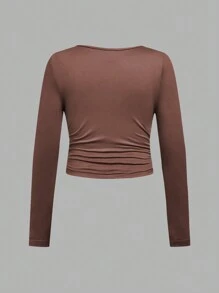 SHEIN Girlism Tween Girl 3pcs/Set Fitted Casual Simple Comfortable Solid Color Ruched Side Long T-Shirt, Fall Top - Brown - View 10