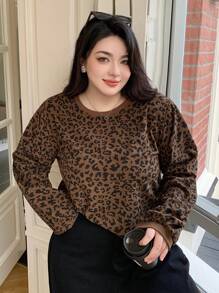 Dazy Plus Leopard Print Round Neck Loose Long Sleeve T-Shirt, Spring/Summer,Fall Clothes - Brown - View 6