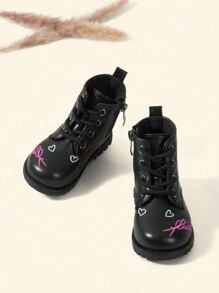 Cozy Pixies Baby Girls Heart & Letter Thêu Side Zip Breathable Lace Up Combat Boots For Outdoor - màu đen - Xem 3