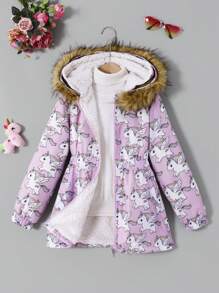 Girls Fashionable Cute Light Purple Rainbow Unicorn Wing Pattern Hooded Thick Fleece Jacket, Autumn/Winter Everyday Wear, Sibling Outfits Matching Outfits (2 Pieces Are Sold Separately) - Multicolor - View 1