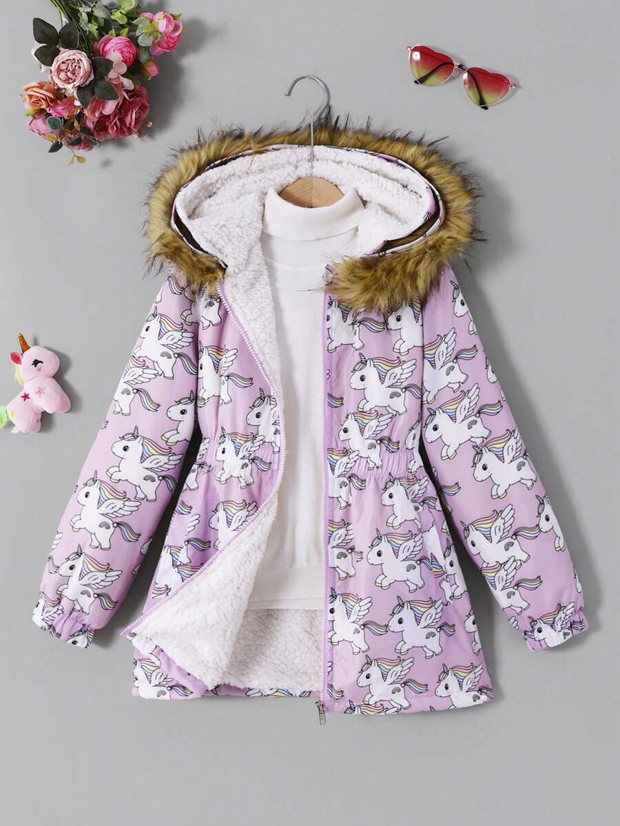 Girls Fashionable Cute Light Purple Rainbow Unicorn Wing Pattern Hooded Thick Fleece Jacket, Autumn/Winter Everyday Wear, Sibling Outfits Matching Outfits (2 Pieces Are Sold Separately) - Multicolor - View 1