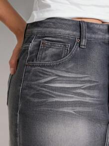 Denimoi Casual Premium Raw Fray Hem Mini Denim Skirt - Grey - View 2