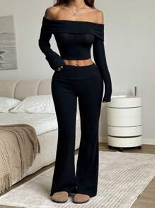 SHEIN EZwear 2 Pieces Women's Solid Off-The-Shoulder Long Sleeve Cropped Top And Flared Pants Fashion Set