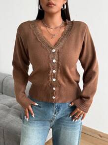 Calvaya Plus Size Plain Color Lace Patchwork Front Button Long Sleeve Minimalist Blouse