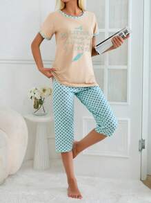 SHEIN Cottnline 100% Cotton 2 chiếc áo sơ mi cotton in khẩu hiệu màu tương phản và quần ngủ capri in chấm bi bộ đồ ngủ mặc nhà - Nhiều màu - Xem 3