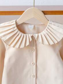SHEIN 年轻女孩基本款学院风优雅翻领荷叶边长袖白衬衫，适合秋季、冬季、学校、返校季、宴会、演出、日常穿着、度假、夏季、旅行 - 杏色 - 查看 3